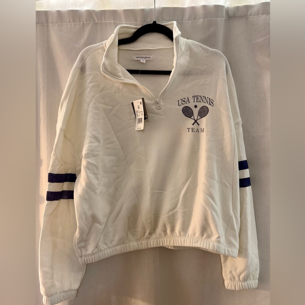 Grayson Threads Cropped White Tennis Team Pullover - NWT